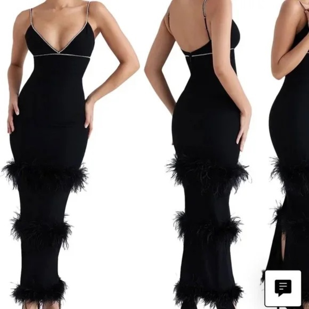 House of CB Maricel black feather trim crystalized cocktail dress